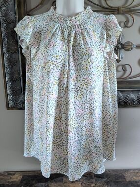 LOFT Floral Smocked Neck Blouse Ruffled Short Sleeves
